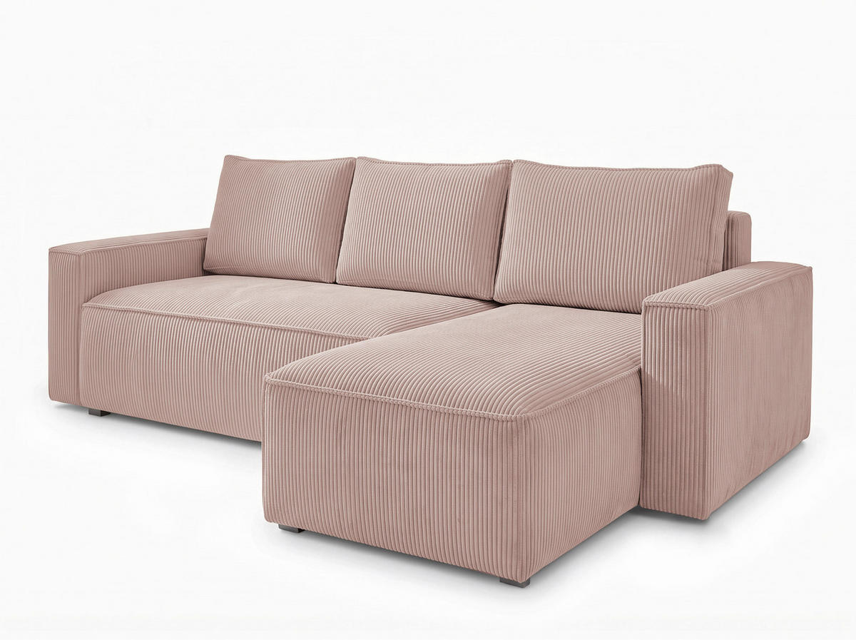 ECKSOFA Rosa Cord Rückenkissen, Bettkasten, Schlaffunktion, Rücken echt, Liegefläche im Originalstoff  - Schwarz/Rosa, MODERN, Kunststoff/Textil (232/140cm) - Xora