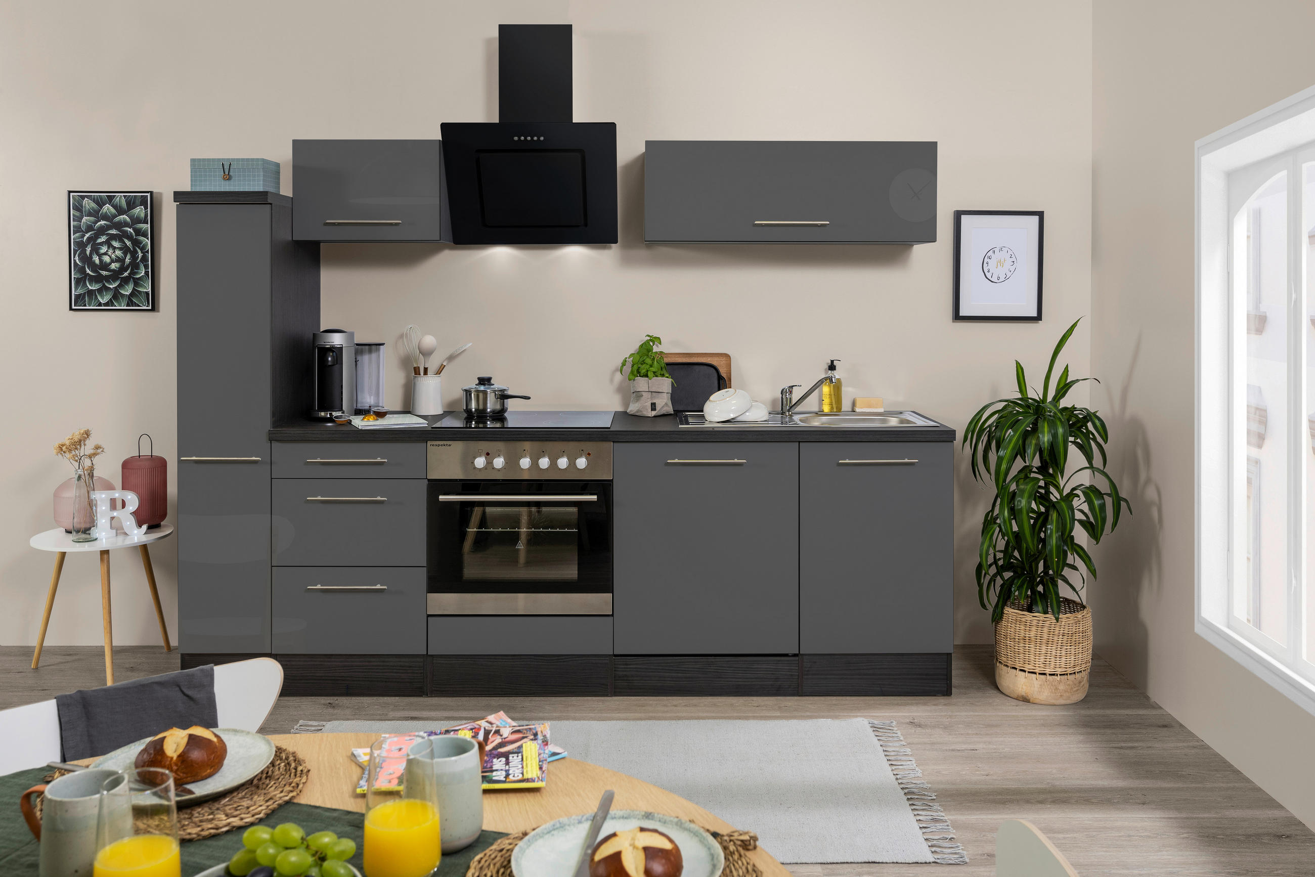 KÜCHENBLOCK 250 cm Grau, Schwarz E-Geräte, Spüle, Soft-Close-System, Geschirrspülerblende, Ab- und Überlaufgarnitur - Alufarben/Schwarz, Basics (250cm) - Respekta