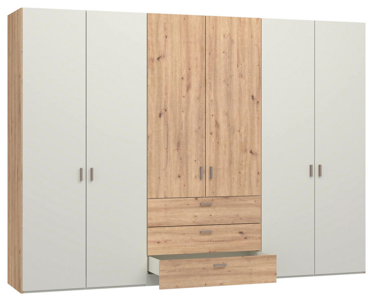 KLEIDERSCHRANK 303/220/59 cm,  in Creme, Weiß, Eiche Artisan, 6-türig  - Hellbraun/Creme, Design, Holzwerkstoff/Metall (303/220/59cm) - Jutzler