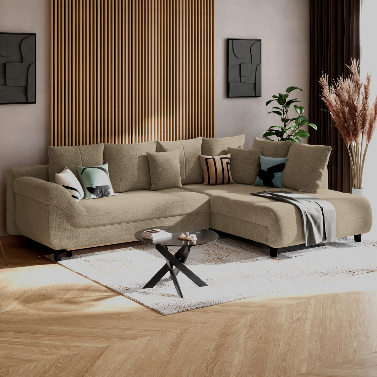 ECKSOFA Chenille, Struktur Beige  - Beige/Schwarz, Konventionell, Textil (309/197cm) - MID.YOU
