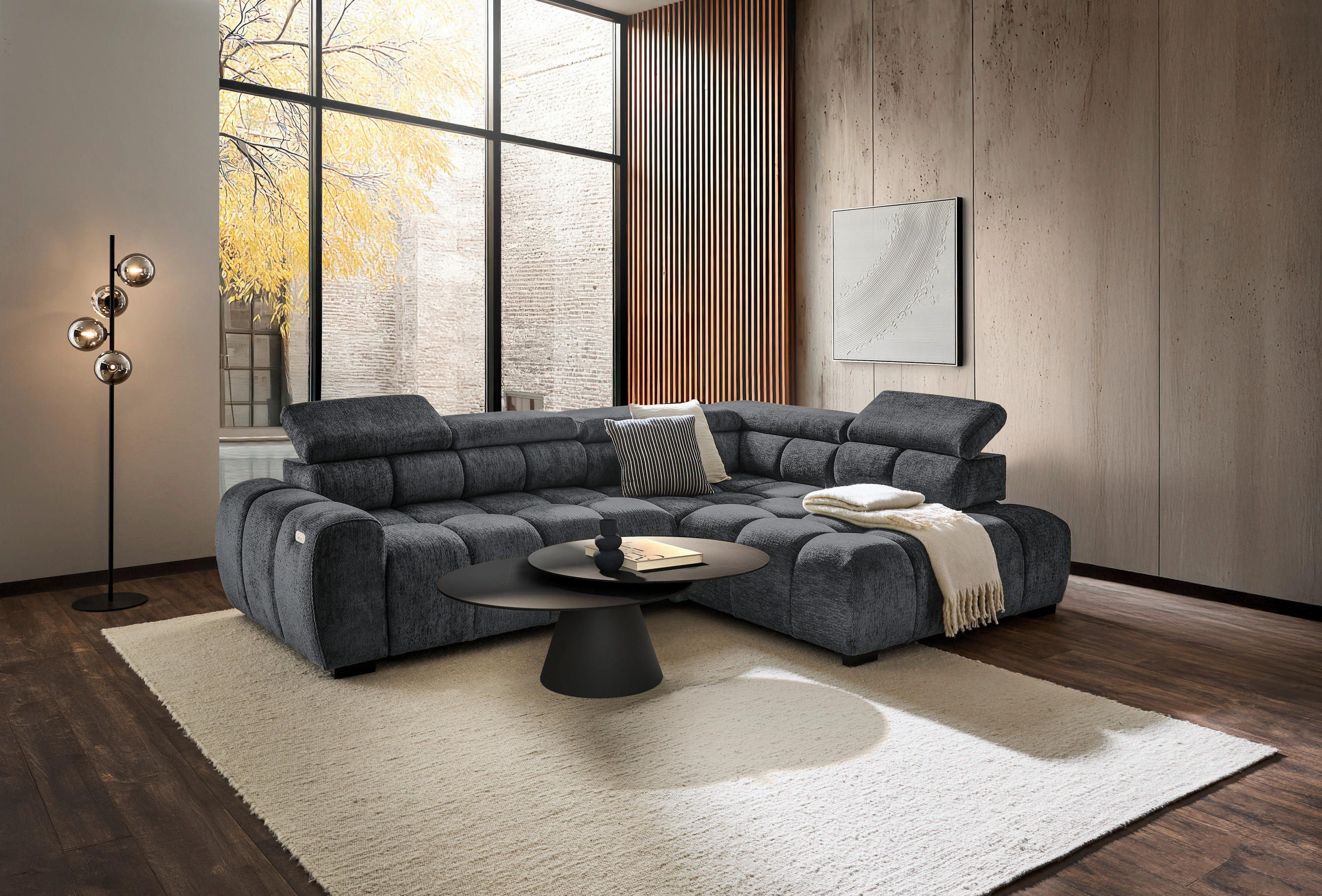 ECKSOFA inkl. Funktionen Blaugrau Webstoff  - Blaugrau/Schwarz, MODERN, Kunststoff/Textil (297/205cm) - Welnova