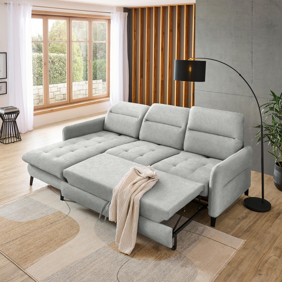 ECKSOFA Hellgrau Flachgewebe  - Hellgrau/Schwarz, KONVENTIONELL, Textil/Metall (190/254cm) - Livetastic