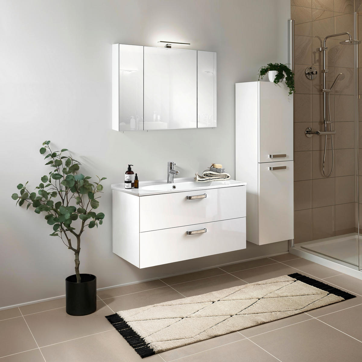 BADEZIMMER 3-teilig  in 100 cm  - Chromfarben/Weiß Hochglanz, Basics, Keramik/Holzwerkstoff (100cm) - Welnova