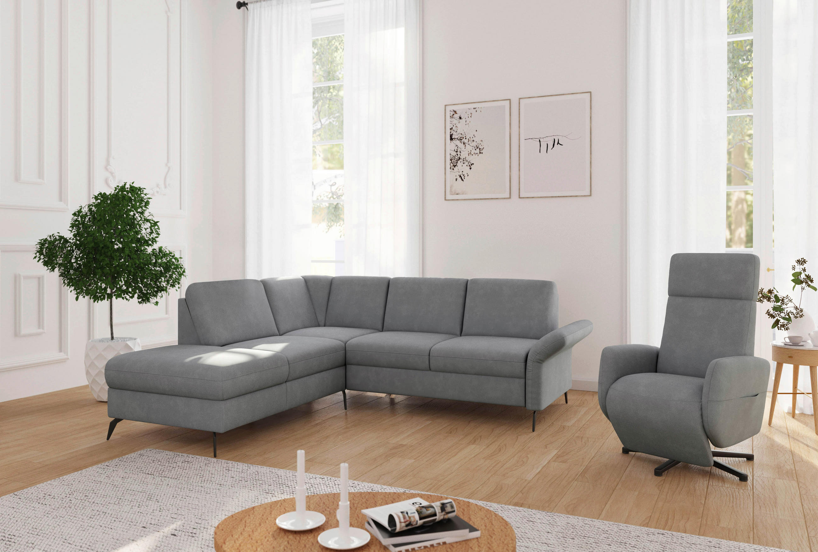 Thumbnail - Sit & More Ecksofa Rochelle E, Grau, Textil, 5,5-Sitzer, Ottomane links, L-Form, 240x216 cm, Goldenes M, Oeko-Tex® Stand...