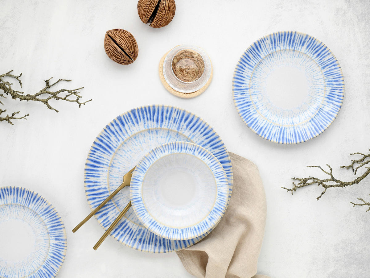 JÍDELNÍ SOUPRAVA, kamenina - bílá/světle modrá, Design, keramika - Creatable