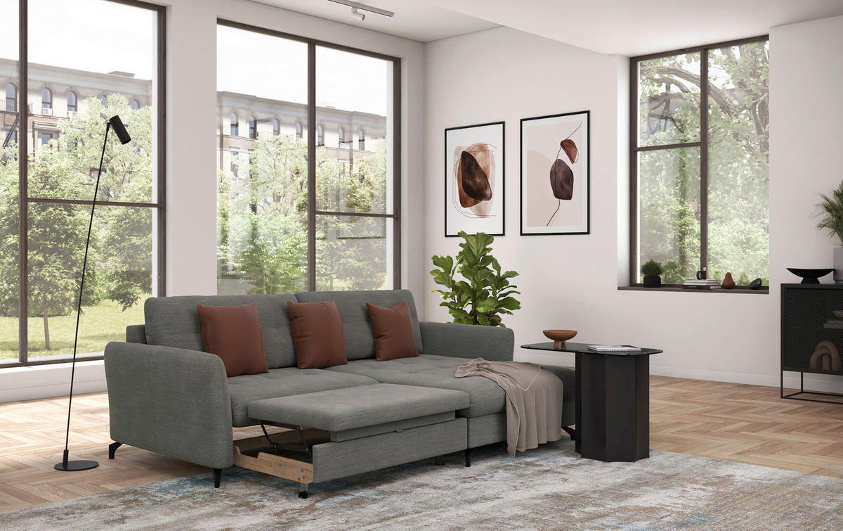 ECKSOFA in Flachgewebe, Leinenoptik Dunkelgrau  - Dunkelgrau/Schwarz, Design, Textil/Metall (242/170cm) - Xora