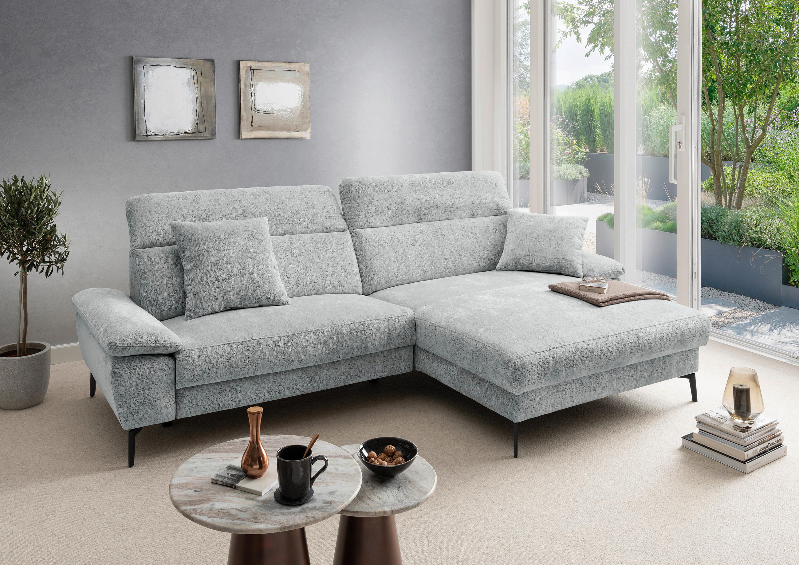 ECKSOFA CANCELLI Blau Chenille Zierkissen, Relaxfunktion  - Blau/Schwarz, KONVENTIONELL, Textil/Metall (300/178cm) - Livetastic