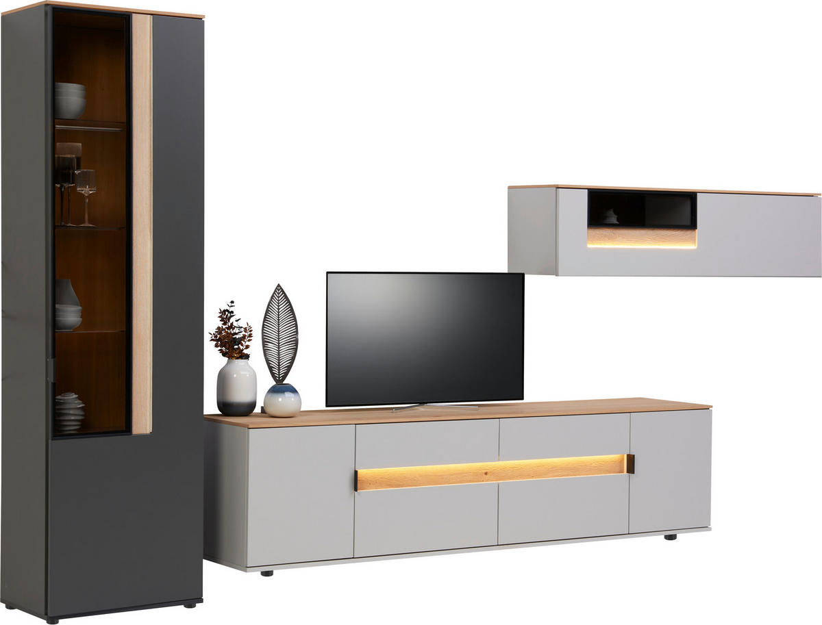 WOHNWAND  in Anthrazit, Eichefarben, Hellgrau 370/214,6/48 cm  - Eichefarben/Anthrazit, Design, Glas/Holz (370/214,6/48cm) - Dieter Knoll