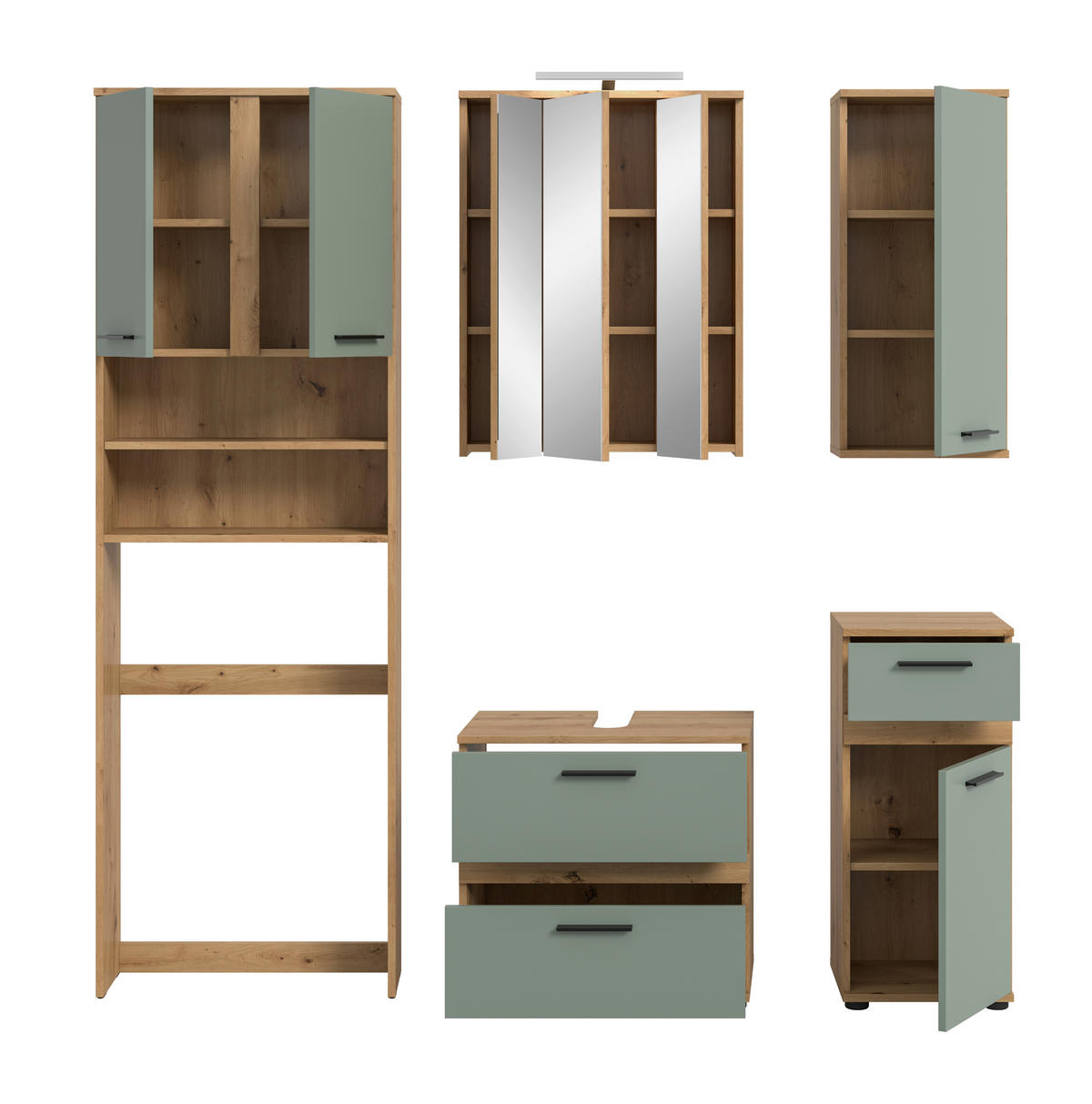 BADEZIMMER 6-teilig  in 188 cm  - Salbeigrün/Schwarz, Trend, Glas/Holzwerkstoff (188cm) - MID.YOU