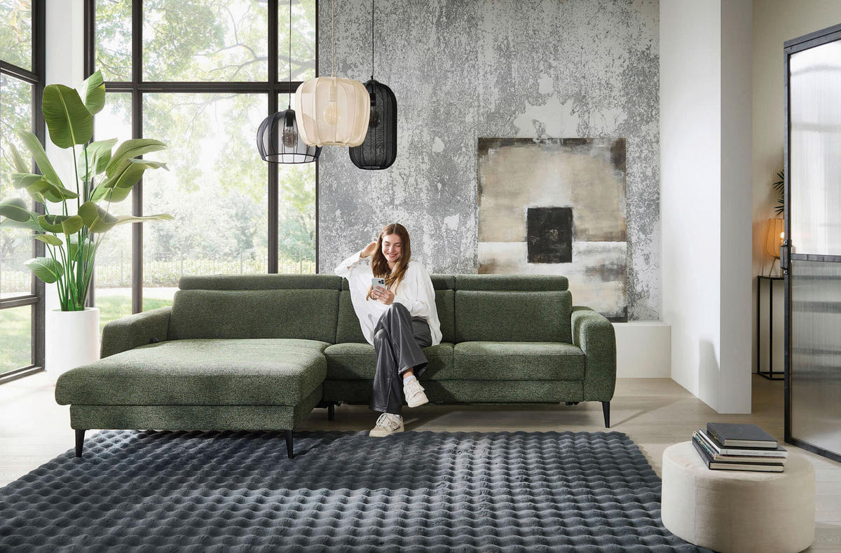 ECKSOFA Grün Chenille  - Schwarz/Grün, KONVENTIONELL, Textil/Metall (177/300cm) - Valdera