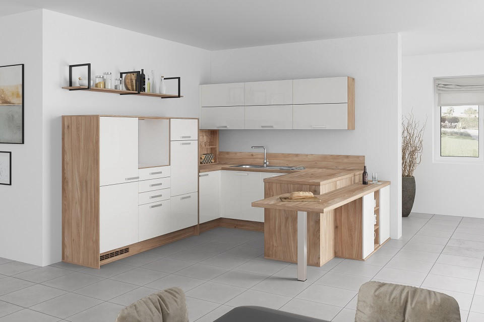 U-Küche Lp4050 Weiß/ Eiche 298x294x255 cm mit Griffen