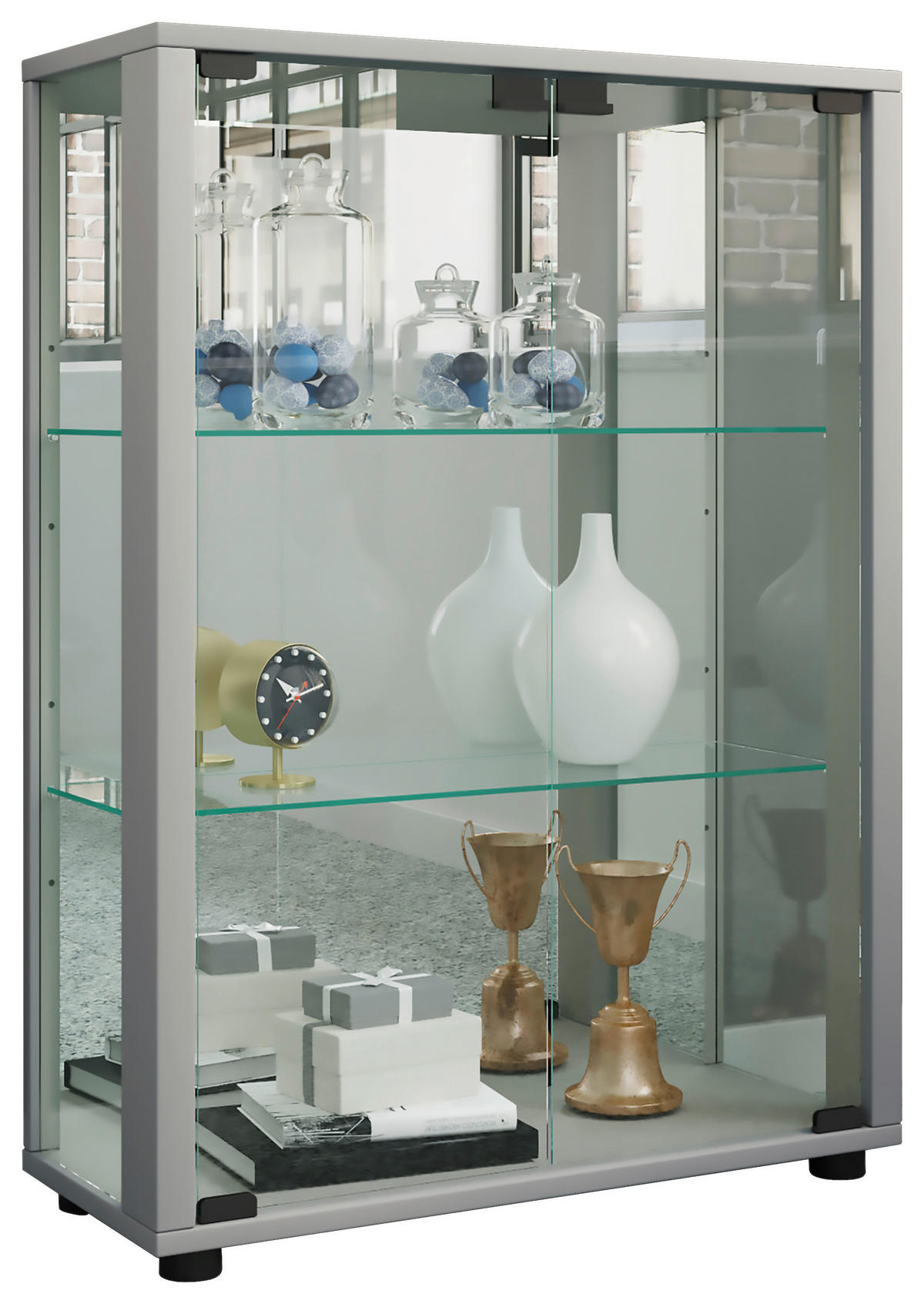 VITRINE in Silberfarben  - Silberfarben/Schwarz, Modern, Glas/Holzwerkstoff (60/80/25cm) - MID.YOU