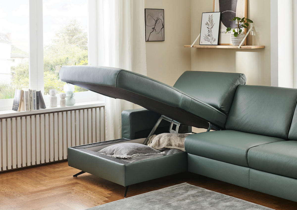 ECKSOFA in Echtleder Opal  - Opal/Schwarz, Design, Leder/Metall (165/267cm) - Beldomo Premium