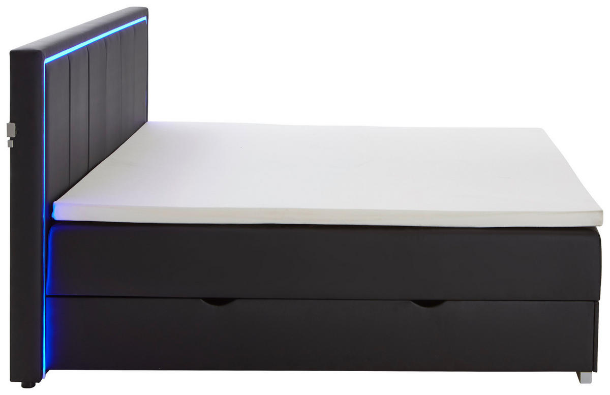 BOXSPRINGBETT 180/200 cm,  in Schwarz, Beleuchtung, Bettkasten, Topper, H3 + H3 = fest  - Silberfarben/Schwarz, Design, Holz/Textil (180/200cm) - Boxxx