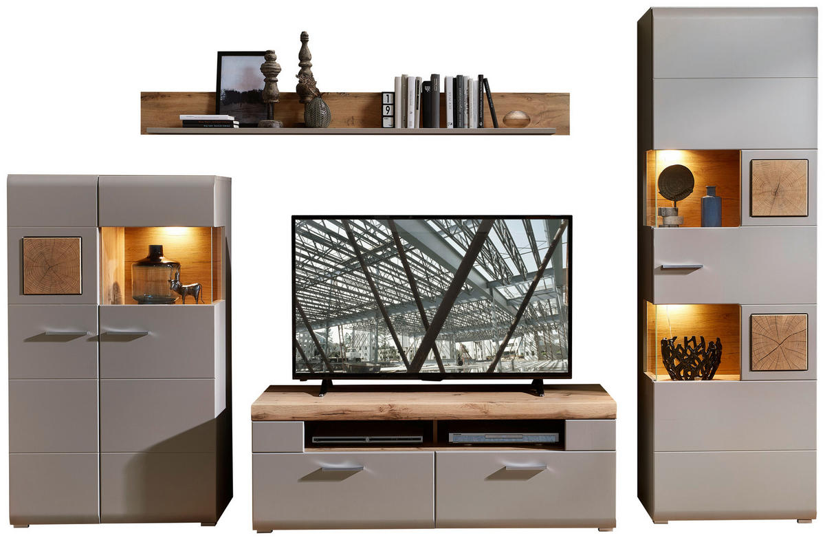 WOHNWAND 4-teilig  in Grau, Eichefarben  325/205/47 cm  - Chromfarben/Eichefarben, MODERN, Holzwerkstoff/Metall (325/205/47cm) - Linie Design