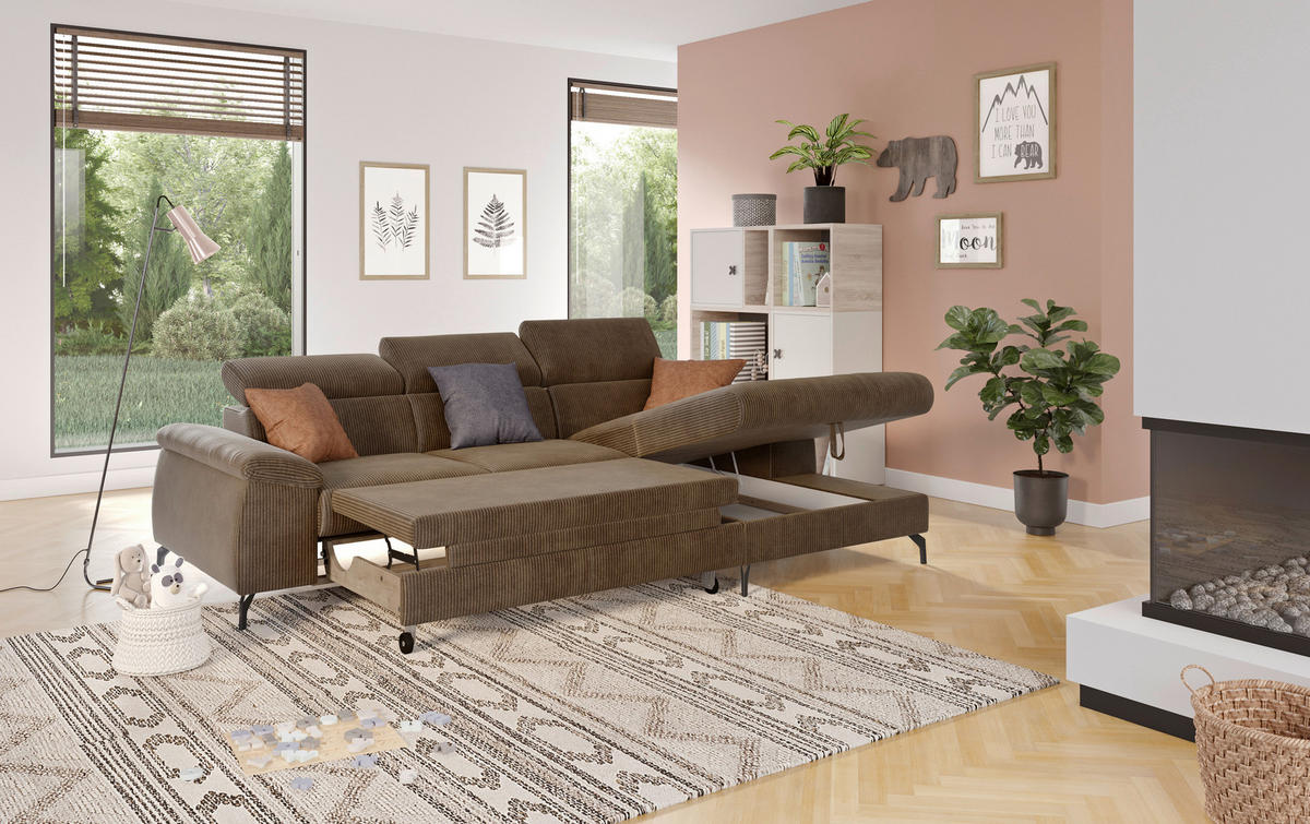 ECKSOFA in Cord Braun  - Schwarz/Braun, Design, Textil/Metall (244/166cm) - Livetastic