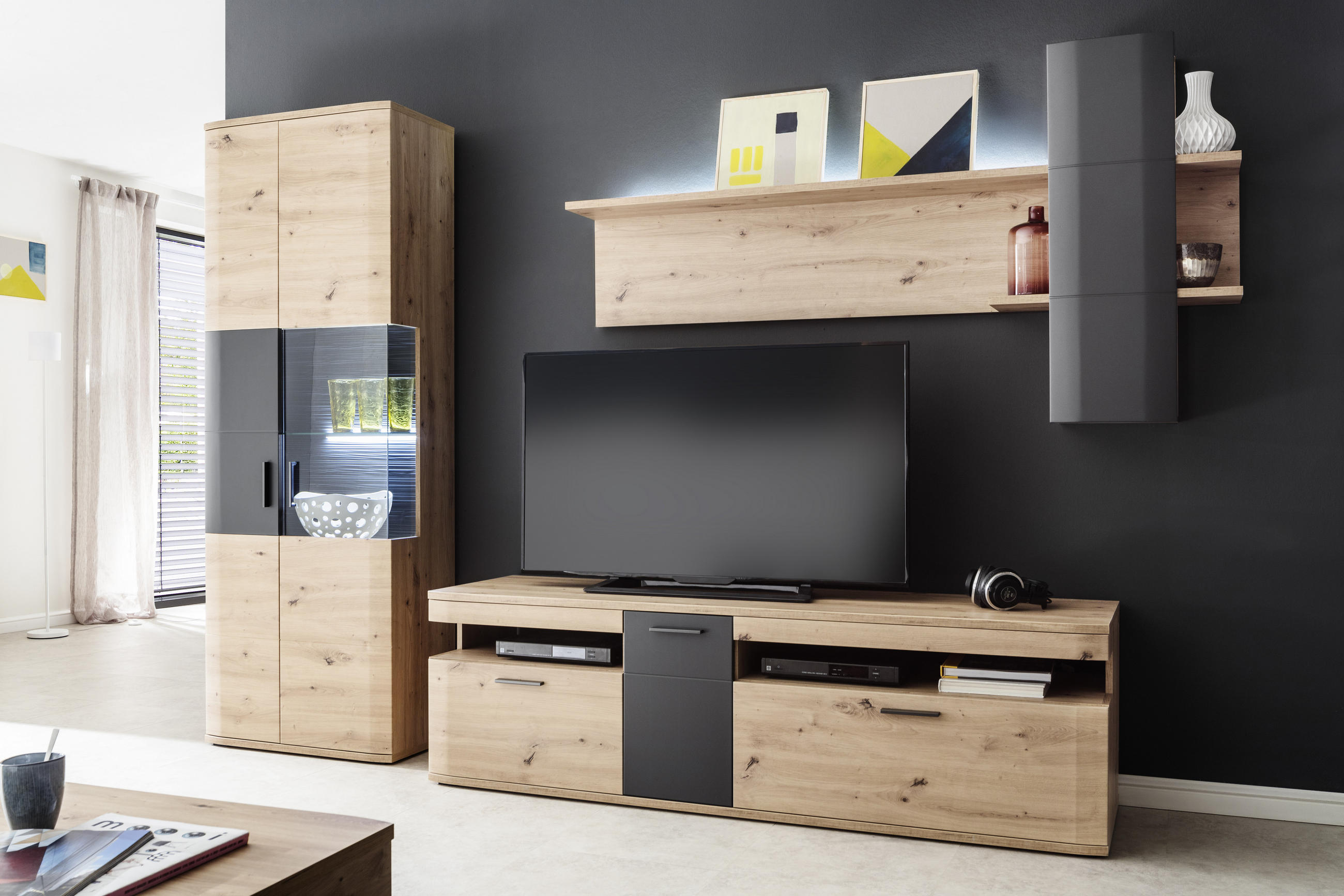 OBÝVACÍ STĚNA, antracitová, čiré, barvy dubu - barvy dubu/černá, Design, kov/kompozitní dřevo (290/198/50cm) - Livetastic