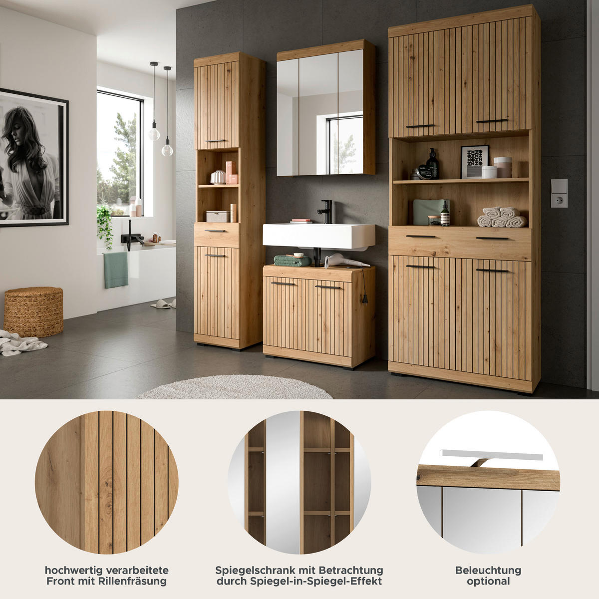 BADEZIMMER 4-teilig  in 171 cm  - Schwarz/Eiche Artisan, Trend, Glas/Holzwerkstoff (171cm) - MID.YOU