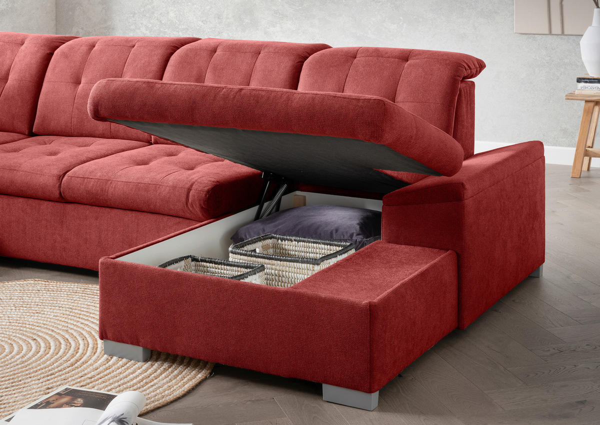 WOHNLANDSCHAFT in Chenille Rot  - Chromfarben/Rot, MODERN, Kunststoff/Textil (212/330/169cm) - Livetastic