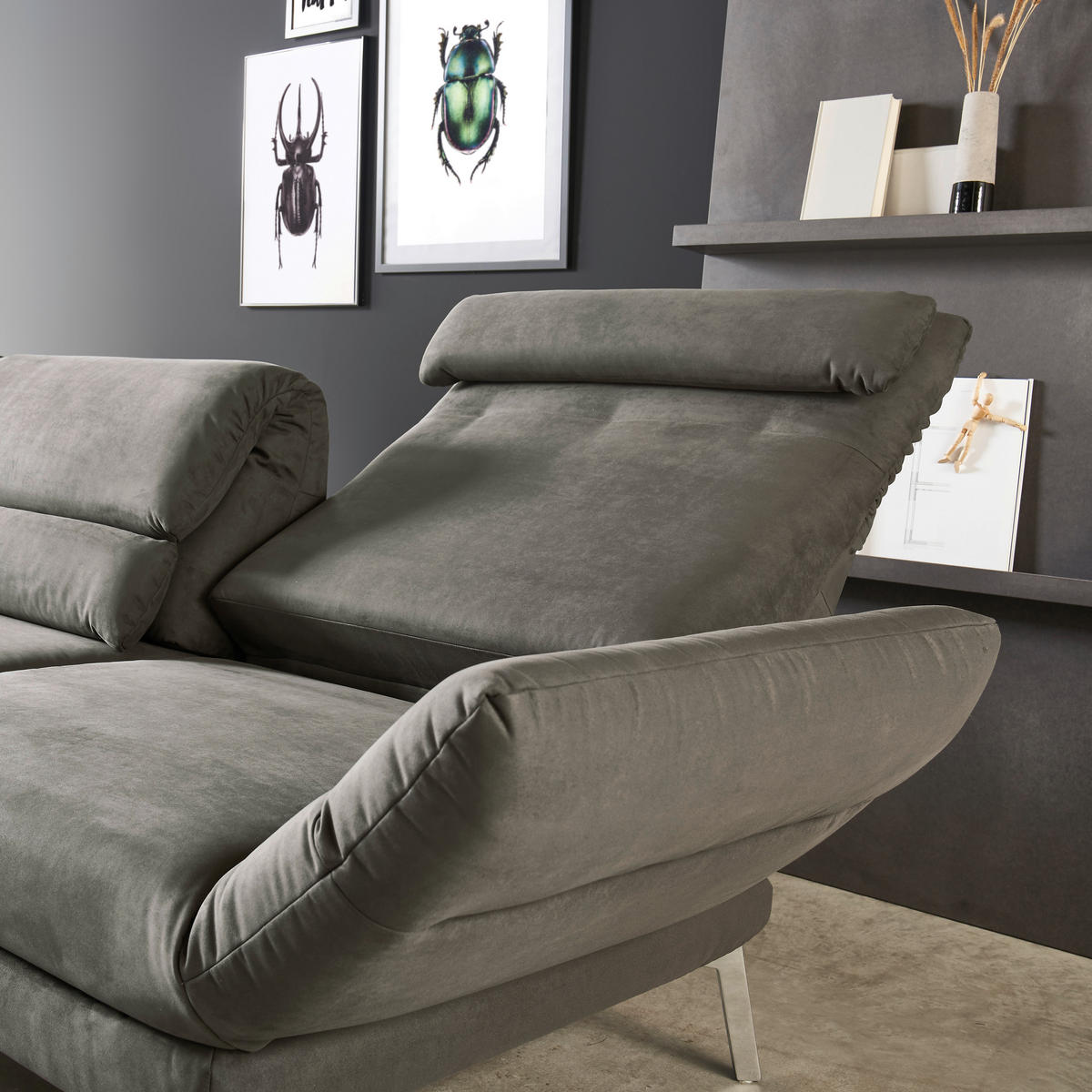ECKSOFA Graphitfarben Mikrofaser  - Chromfarben/Graphitfarben, Design, Textil/Metall (279-327/176-217cm) - Dieter Knoll