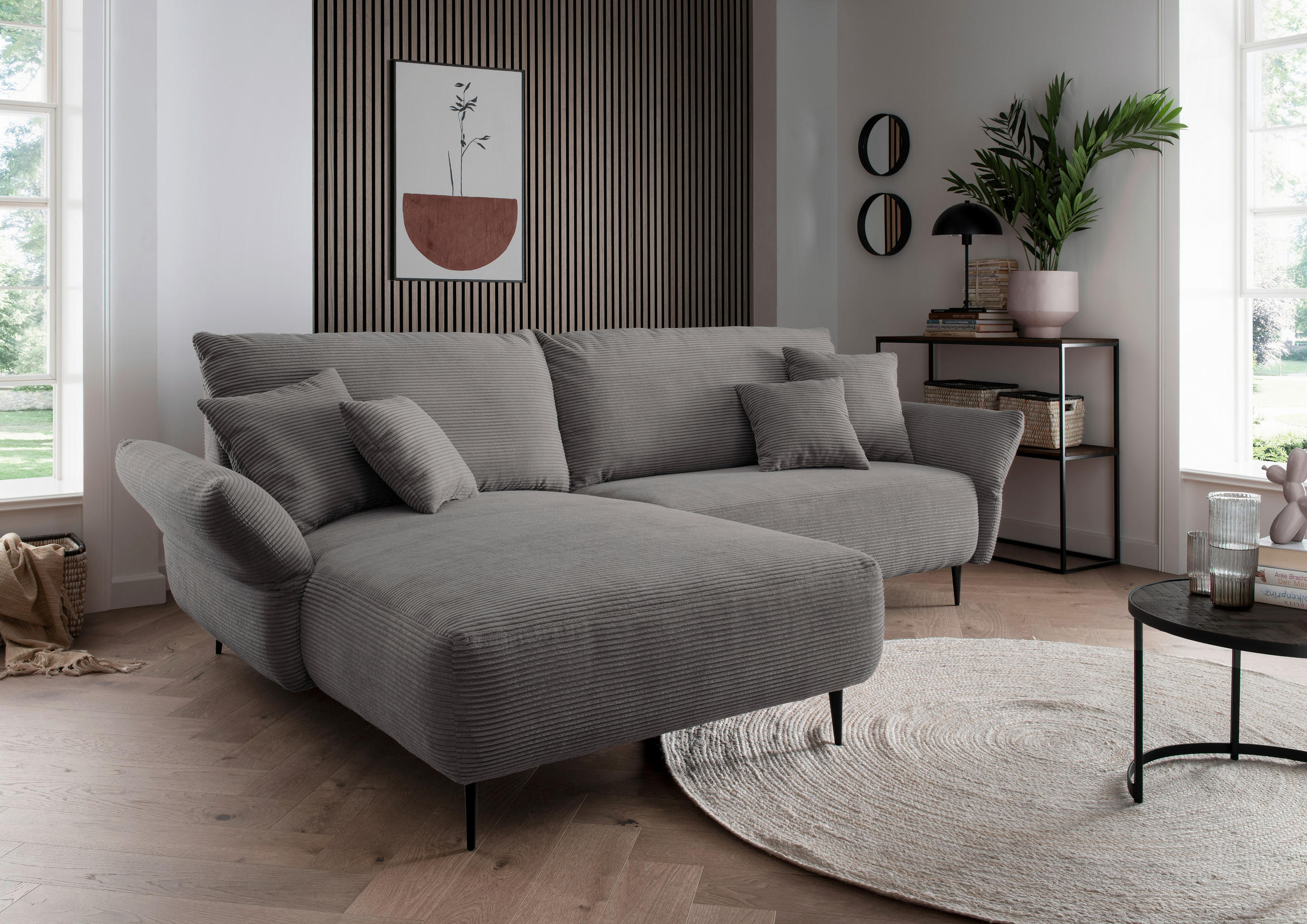 ECKSOFA Grau Cord  - Schwarz/Grau, Design, Textil/Metall (178/264-302cm) - Livetastic