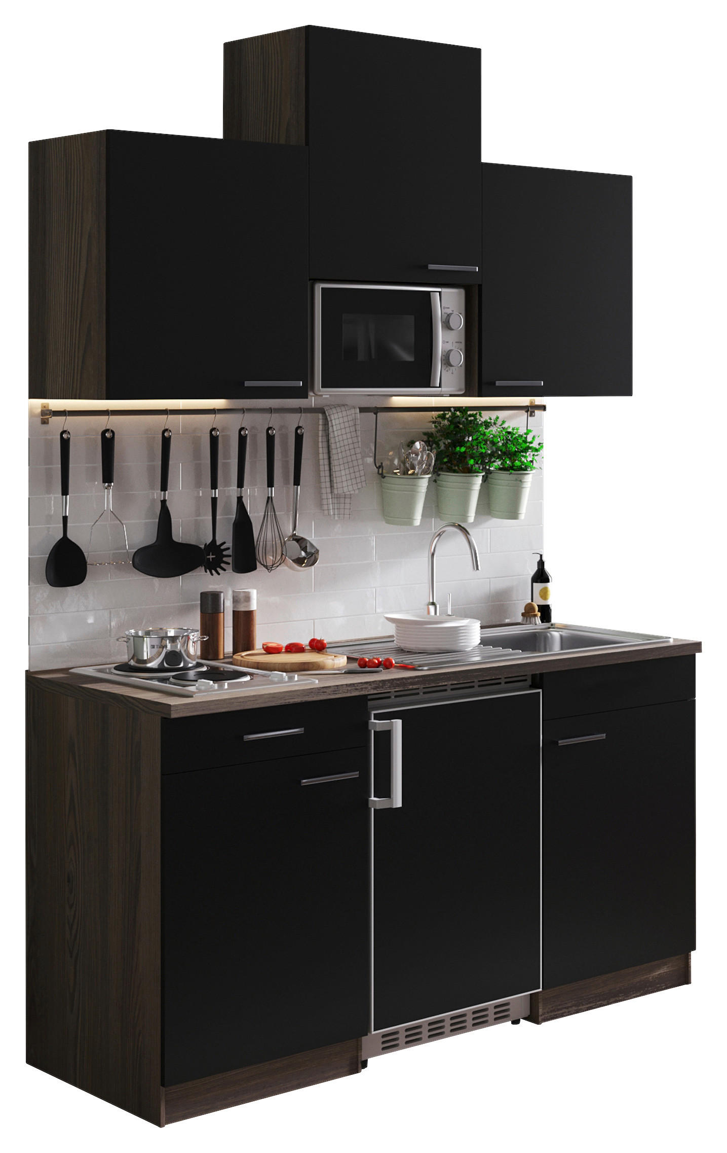 MINIKÜCHE 150 cm   in Schwarz  - Eichefarben/Alufarben, Basics, Holzwerkstoff/Kunststoff (150cm) - Respekta