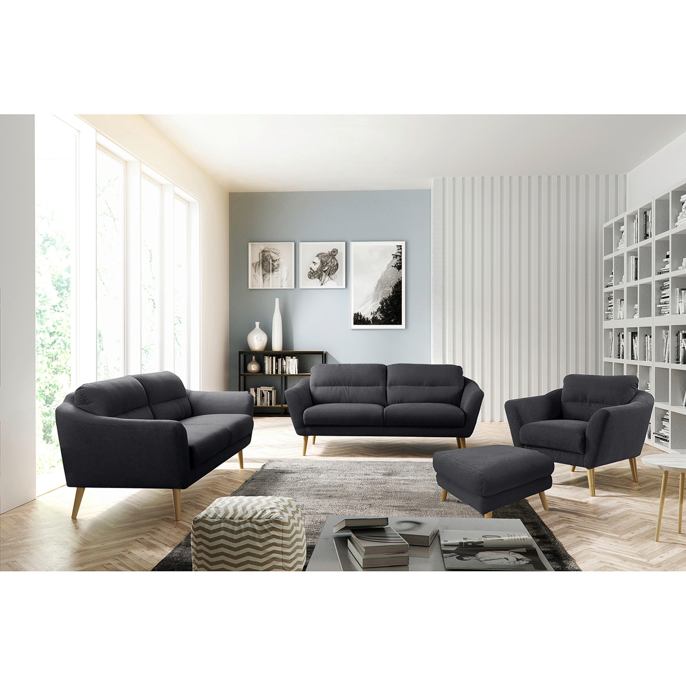 HOCKERTextil Anthrazit  - Anthrazit/Buchefarben, Design, Holz/Textil (61/49/65cm) - Livetastic