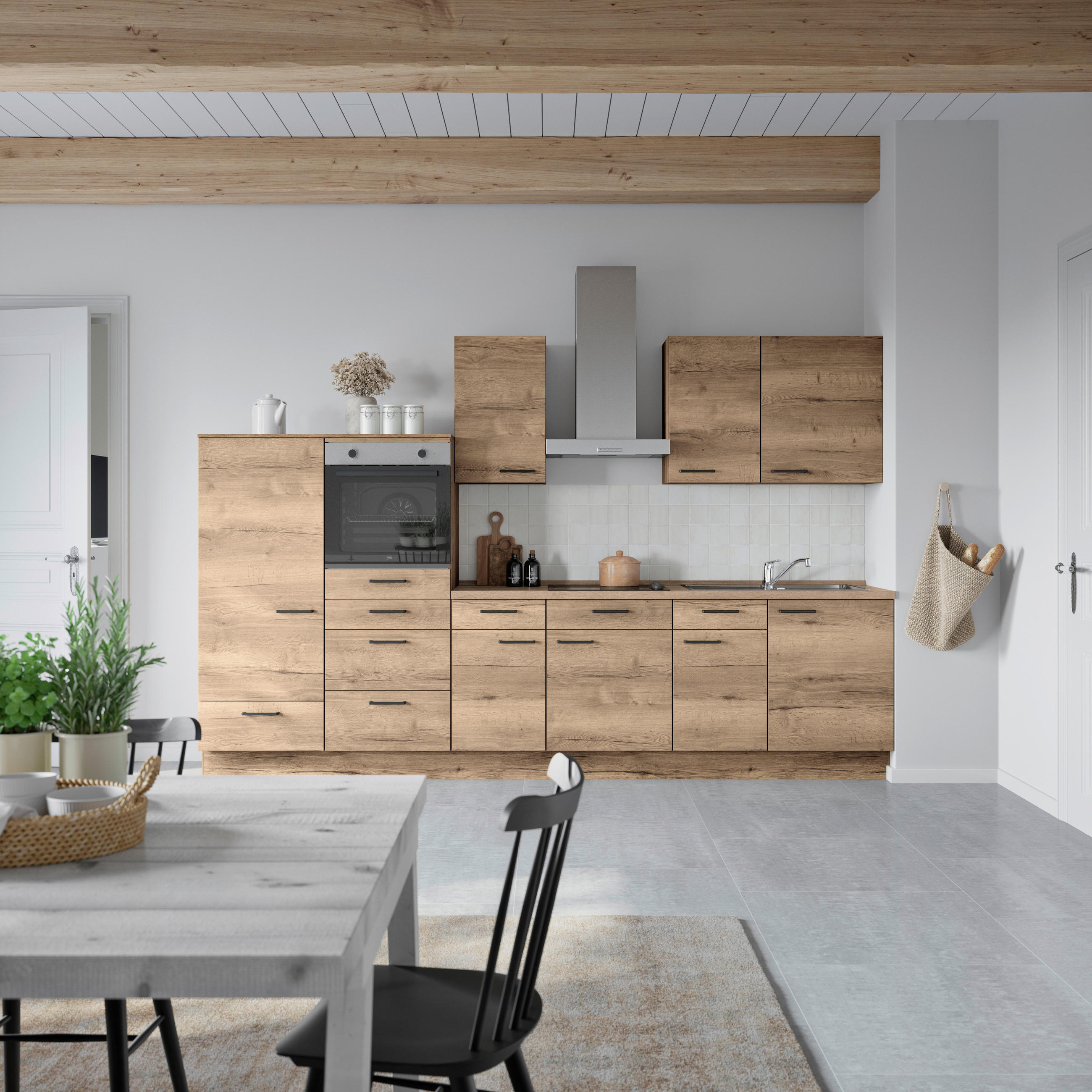 KÜCHENBLOCK 330 cm   in Eiche dunkel  - Eiche dunkel/Eichefarben, MODERN, Holzwerkstoff/Metall (330cm) - Nobilia