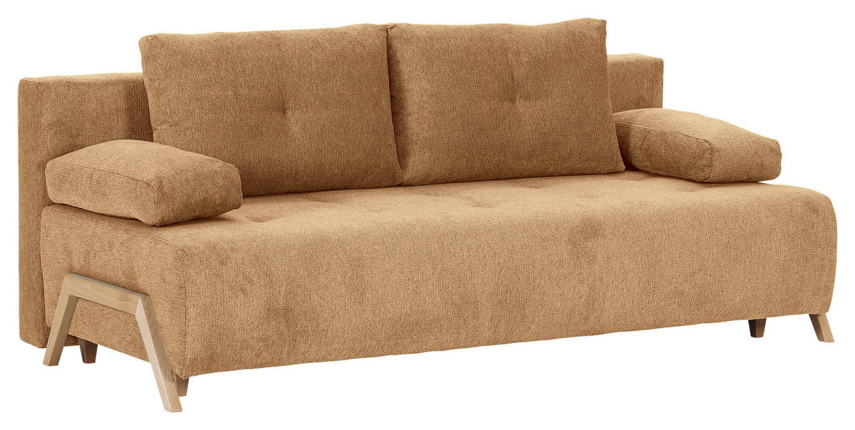 SCHLAFSOFA  mit Liegefunktion, Rücken echt Flachgewebe Cognac  - Cognac/Buchefarben, KONVENTIONELL, Holz/Textil (204/75/100cm) - Carryhome