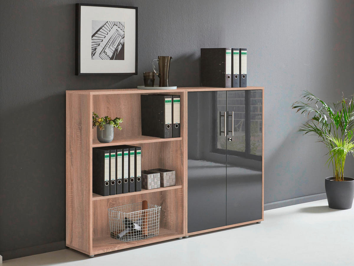 BÜRO in verschiedenen Holz-Dekoren erhältlich, Schreibtisch seitenverkehrt montierbar, abschließbar Sonoma Eiche, Anthrazit Hochglanz - Anthrazit Hochglanz/Sonoma Eiche, MODERN, Holzwerkstoff - MID.YOU