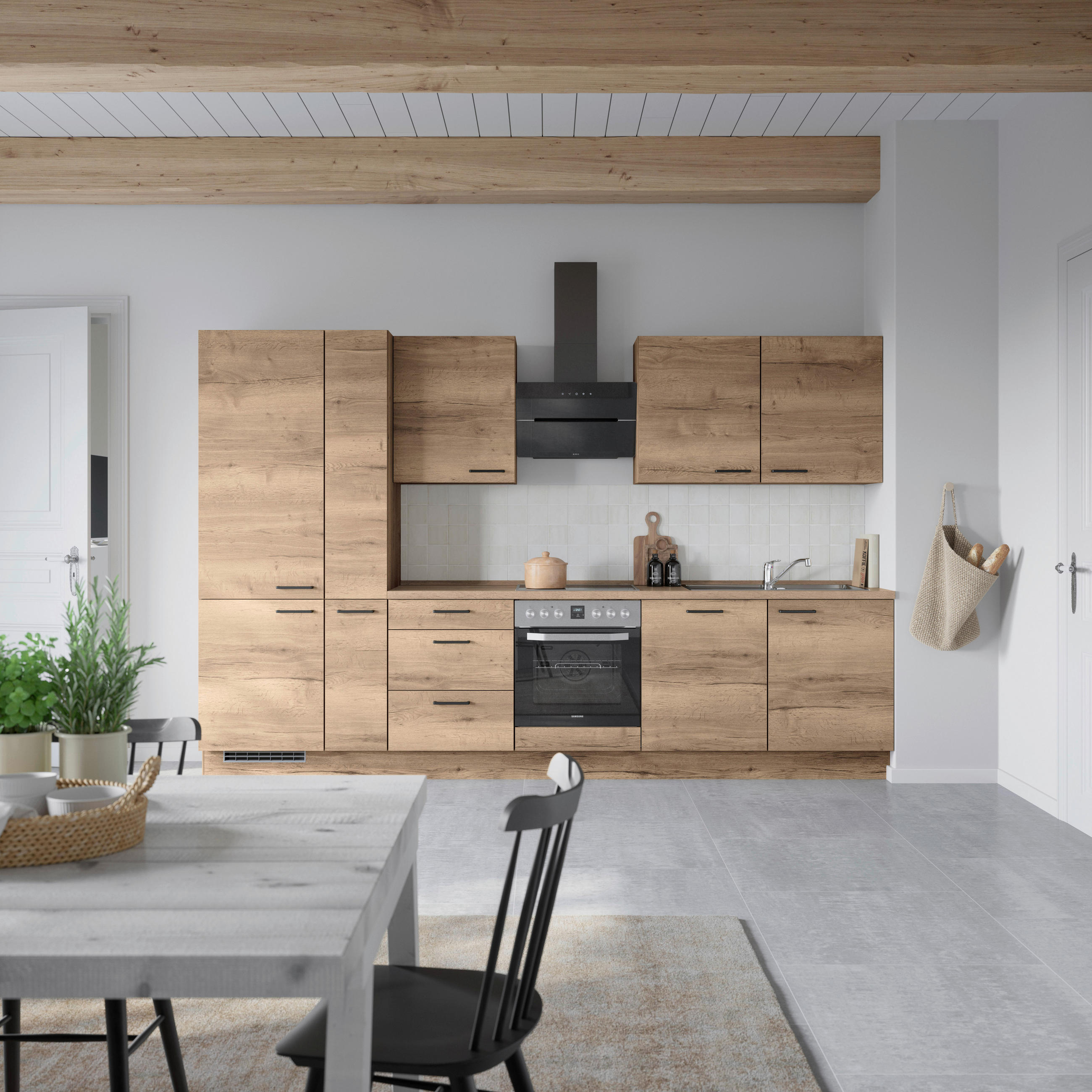 BUCĂTĂRIE FĂRĂ ELECTROCASNICE  - stejar închis la culoare/negru, Modern, metal/material pe bază de lemn (330cm) - Nobilia