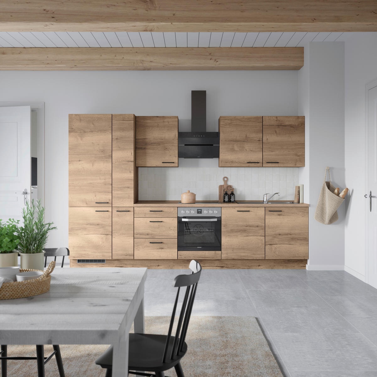 BUCĂTĂRIE FĂRĂ ELECTROCASNICE  - stejar închis la culoare/negru, Modern, metal/material pe bază de lemn (330cm) - Nobilia