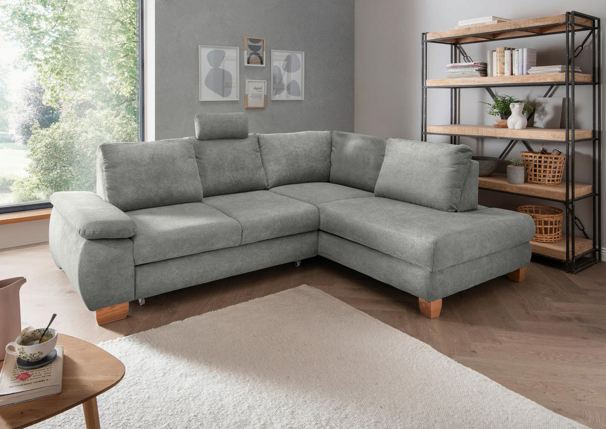 ECKSCHLAFSOFA in Chenille Grau  - Wildeiche/Grau, Modern, Holz/Textil (261/206cm) - Livetastic