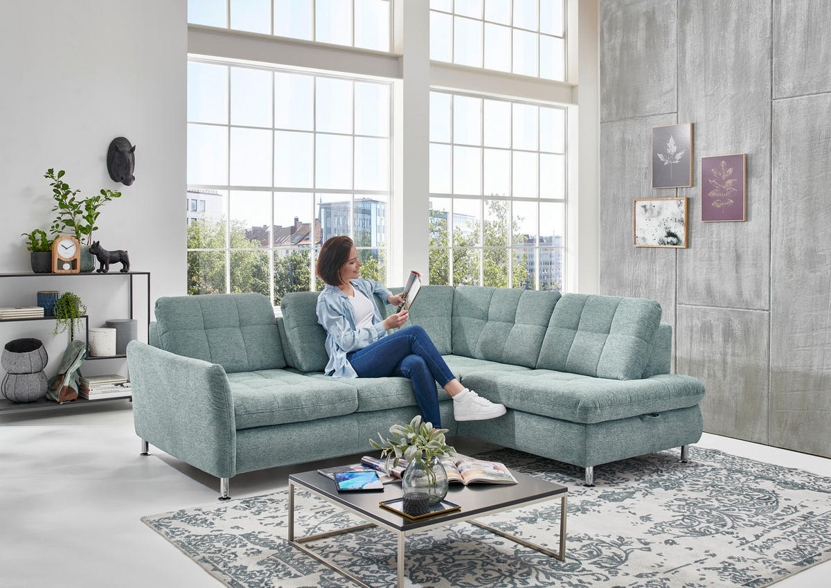 ECKSOFA in Webstoff Türkis  - Türkis/Chromfarben, Konventionell, Textil/Metall (242/210cm) - Beldomo Style