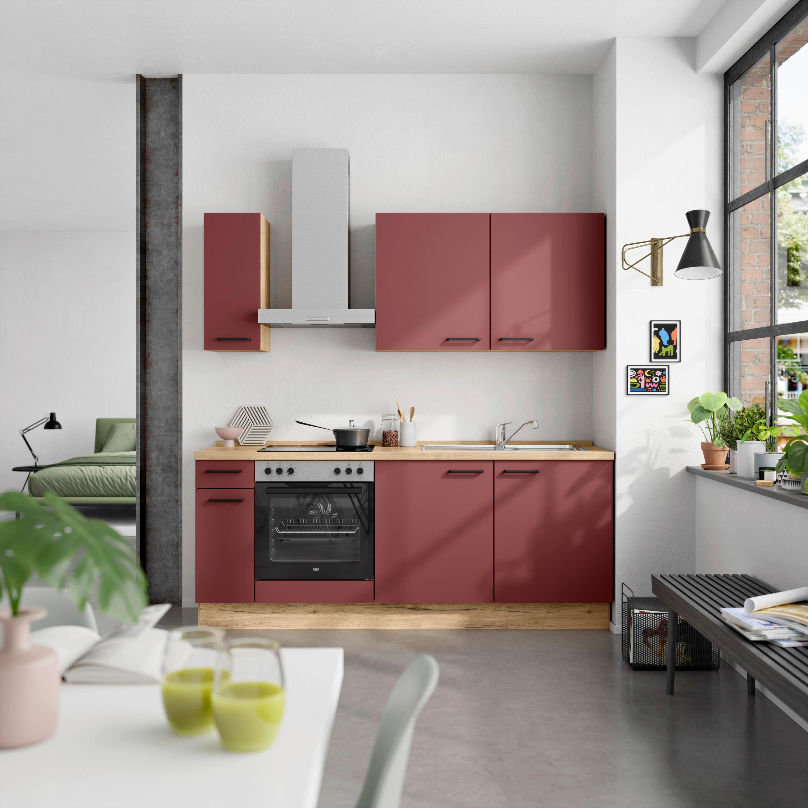 KÜCHENLEERBLOCK 210 cm   in Rot, Eichefarben  - Eichefarben/Rot, MODERN, Holzwerkstoff/Metall (210cm) - Nobilia