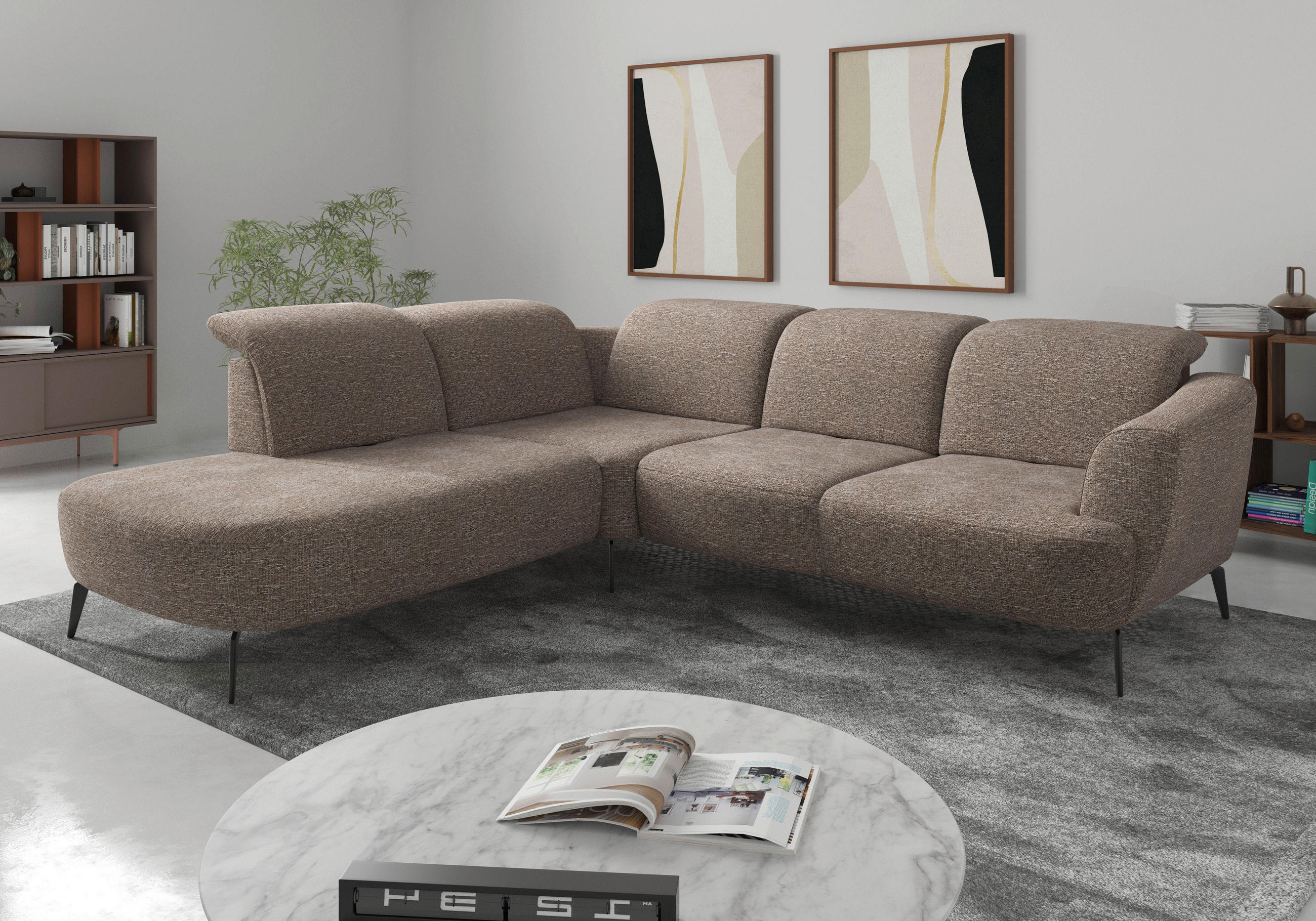 ECKSOFA ZOE E in Chenille Cappuccino  267/300 cm  - Schwarz/Cappuccino, KONVENTIONELL, Textil/Metall (267/300cm) - Sit & More
