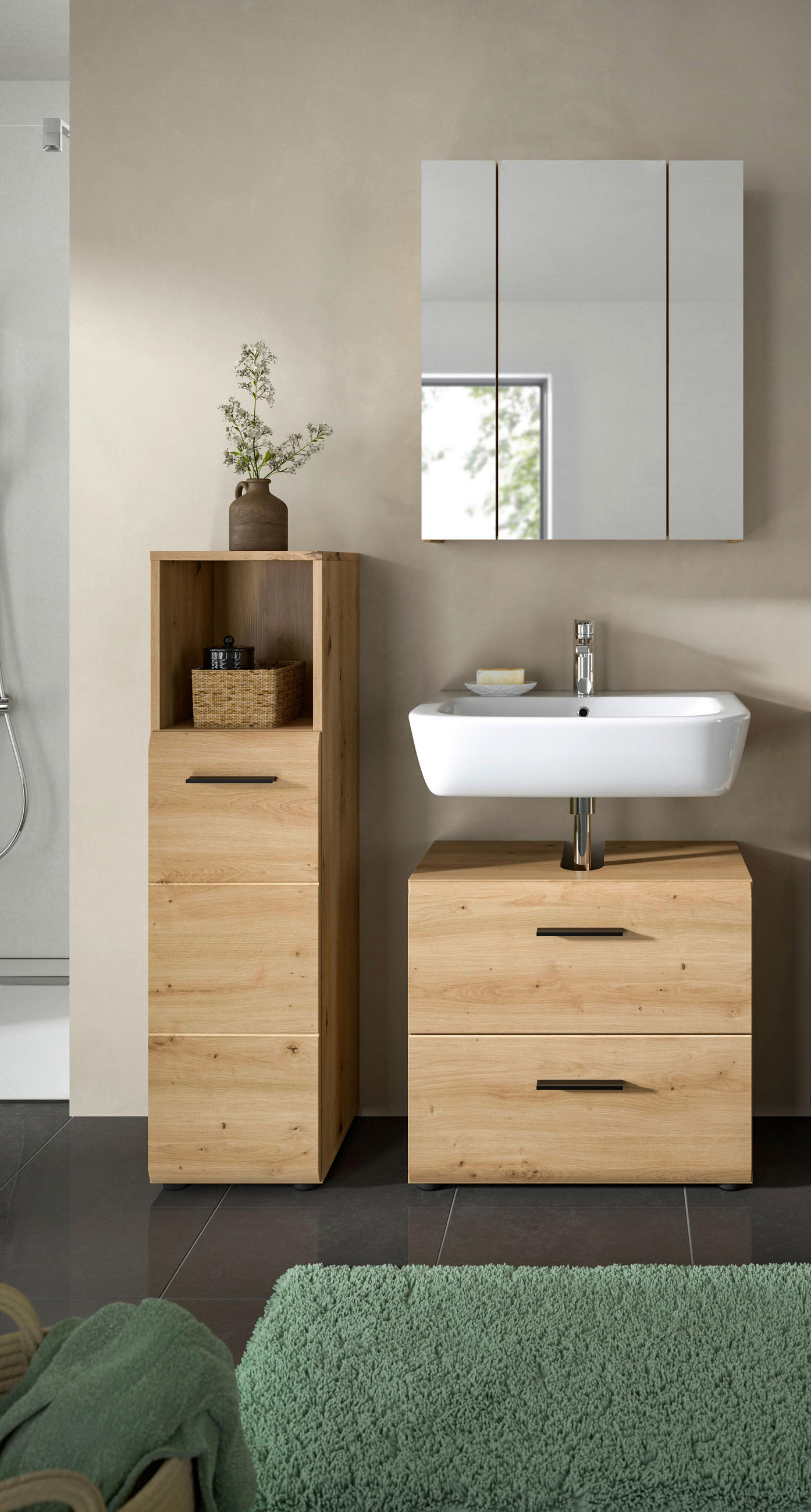 BADEZIMMER 3-teilig  in 90 cm  - Schwarz/Eiche Artisan, Basics, Holzwerkstoff/Kunststoff (90cm) - MID.YOU