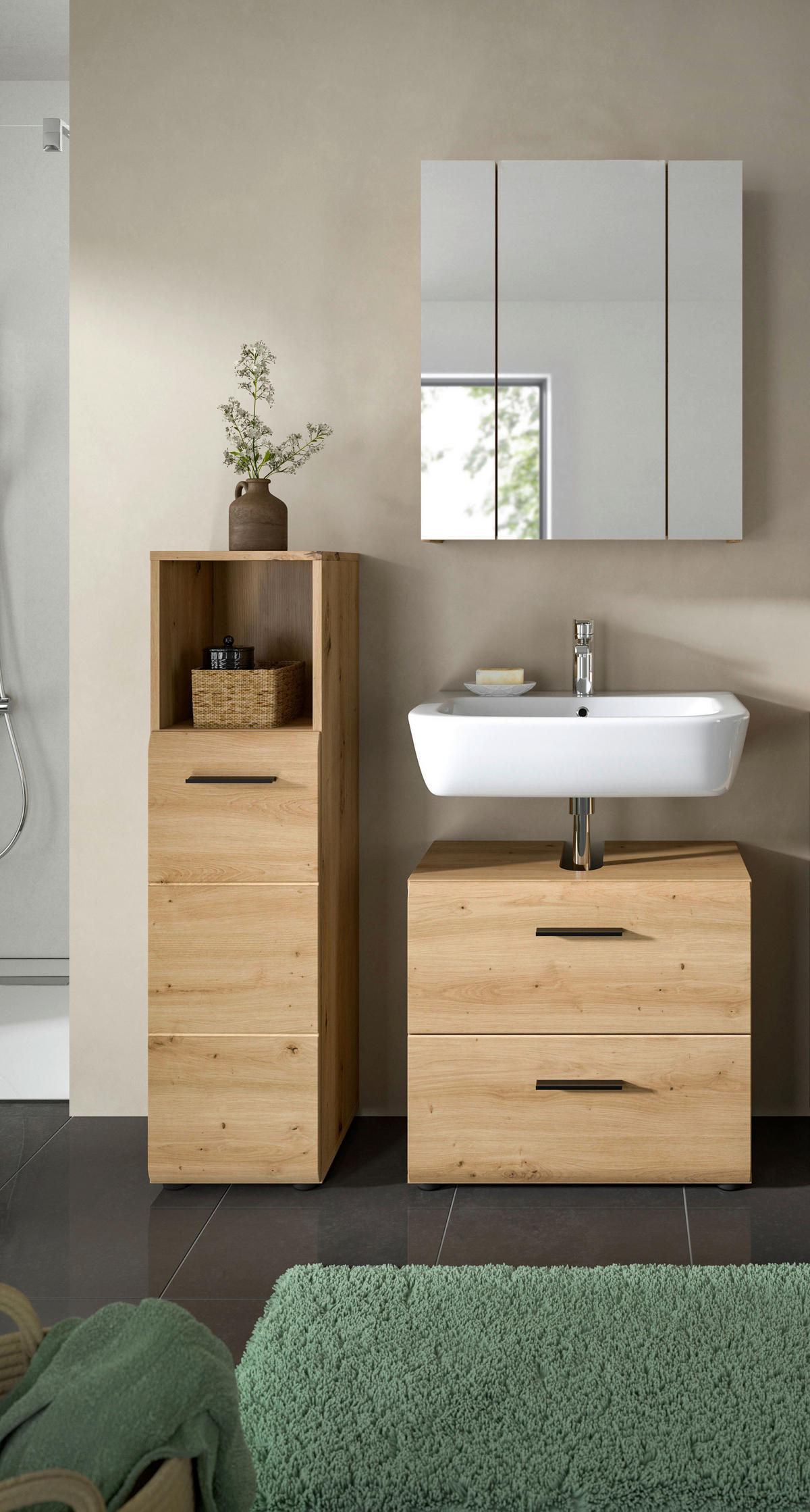 BADEZIMMER 3-teilig  in 90 cm  - Schwarz/Eiche Artisan, Basics, Holzwerkstoff/Kunststoff (90cm) - MID.YOU