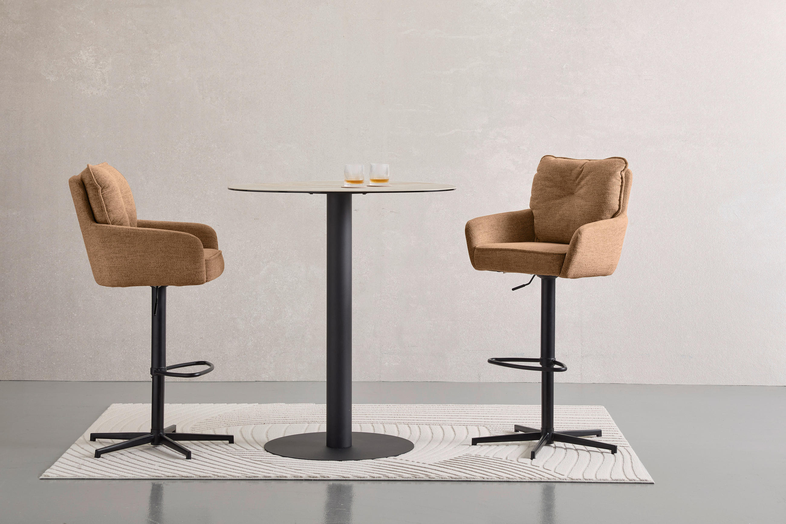 BARHOCKER Leinenoptik Schwarz, Rostfarben Eisen Stoffauswahl, Sitzfläche 360° drehbar  - Taupe/Rostfarben, Design, Textil/Metall (58/103-123/61cm) - Novel