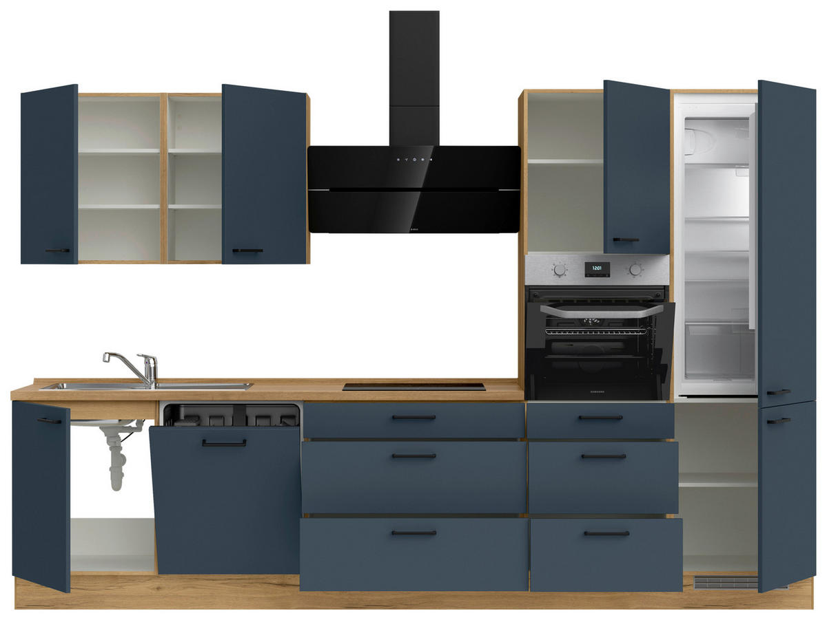 KÜCHENBLOCK 330 cm   in Eichefarben, Dunkelblau  - Eichefarben/Schwarz, MODERN, Holzwerkstoff/Metall (330cm) - Nobilia