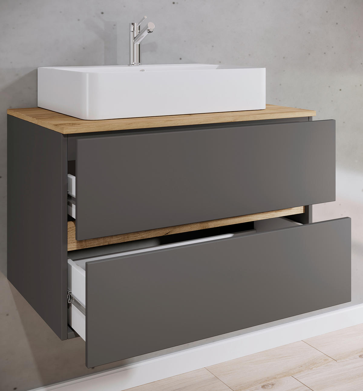 KOUPELNA antracitová, medový dub  - bílá/antracitová, Trend, kompozitní dřevo/keramika (80/64/51cm) - MID.YOU