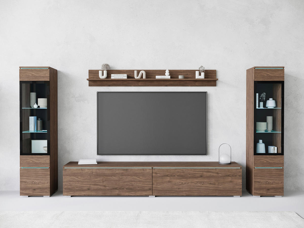 Set Mobilă Living, 4 piese, culoare lemn de nuc, 240/130/33 cm - culoare lemn de nuc/gri, Lifestyle, plastic/sticlă (240/130/33cm) - P & B