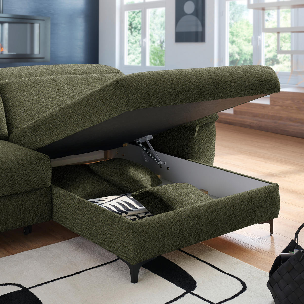 ECKSOFA in Chenille Dunkelgrün  - Dunkelgrün/Schwarz, Design, Textil/Metall (185/256cm) - Stylife
