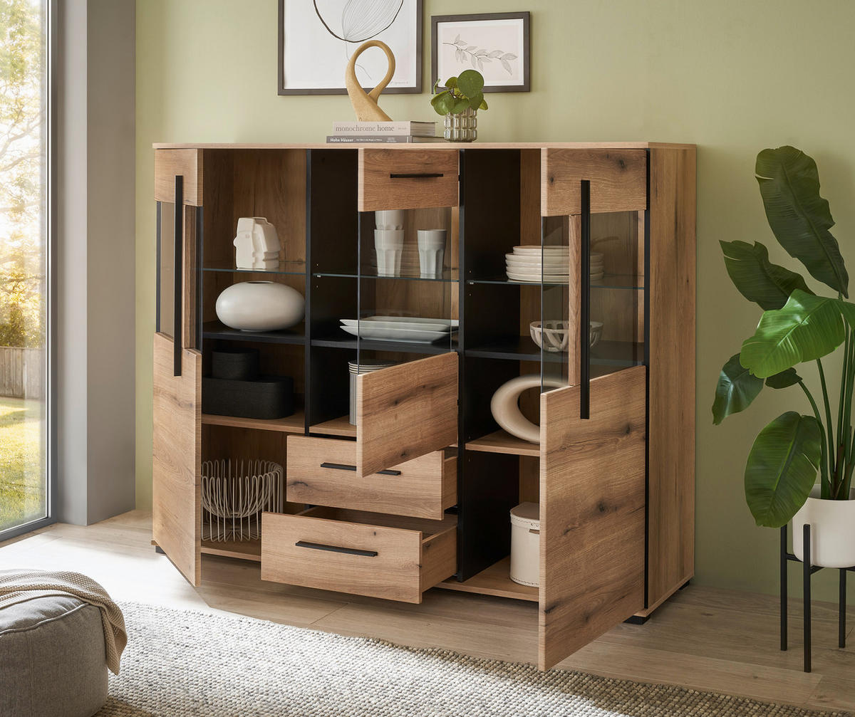 HIGHBOARD  160/126/42 cm 2 Schublade(n)  - Eichefarben/Schwarz, Design, Glas/Holzwerkstoff (160/126/42cm) - Livetastic