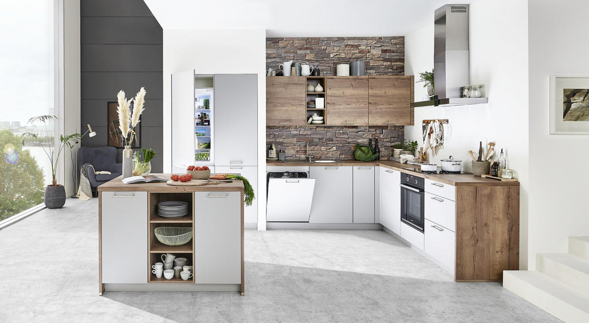 EINBAUKÜCHE   - Eichefarben/Grau, Design, Holzwerkstoff - Celina