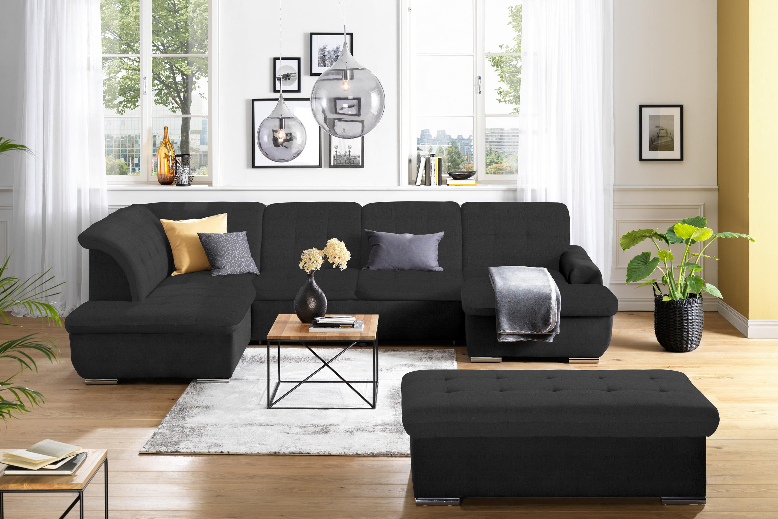WOHNLANDSCHAFT in Flachgewebe Graubraun  - Graubraun/Silberfarben, Design, Textil/Metall (208/342/145cm) - Cantus