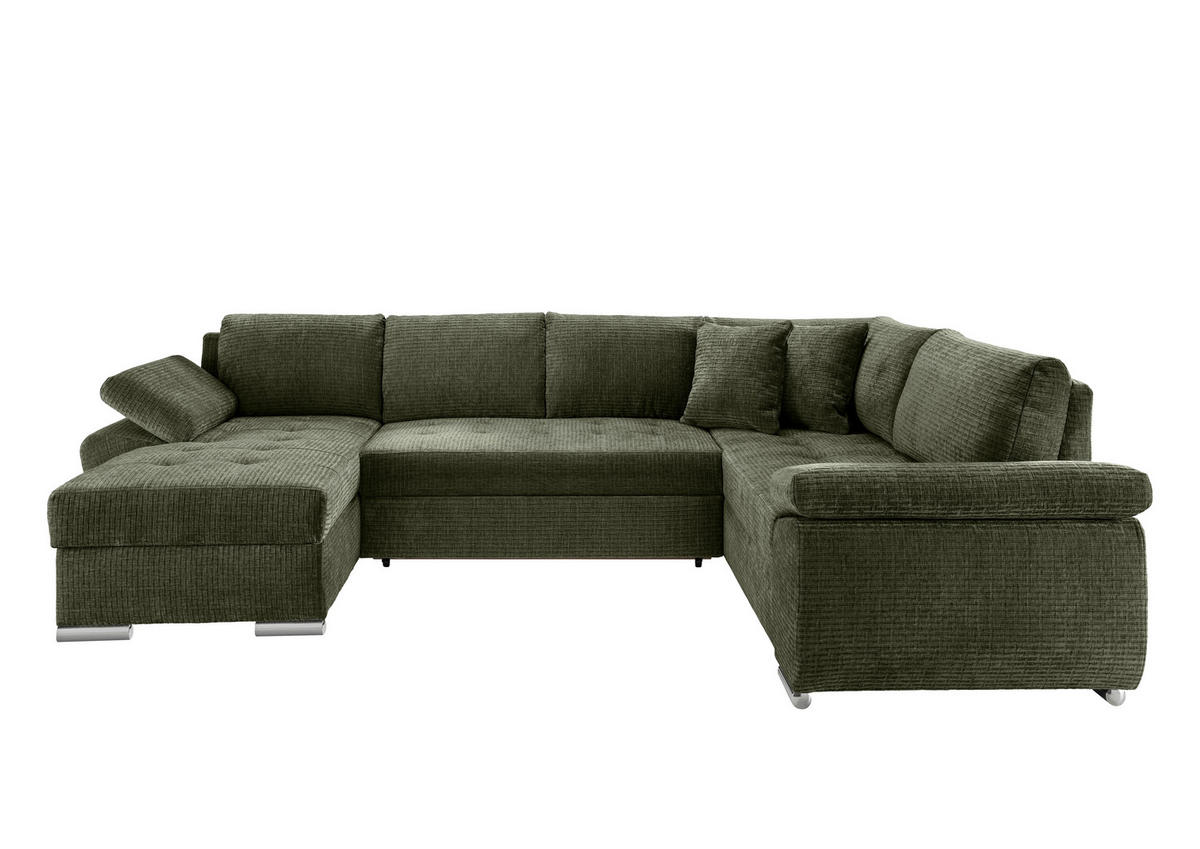 WOHNLANDSCHAFT Olivgrün Mikrofaser  - Chromfarben/Olivgrün, KONVENTIONELL, Textil/Metall (157/305/219cm) - Livetastic