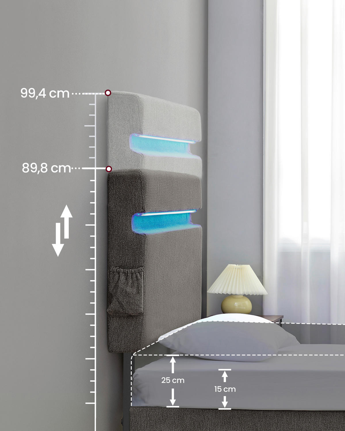 POLSTERBETT 90/200 cm,  in Dunkelgrau, Beleuchtung, Betttasche, Lattenroste, Befestigungsmaterial,  - Dunkelgrau/Schwarz, Basics, Holz/Textil (90/200cm) - Boxxx