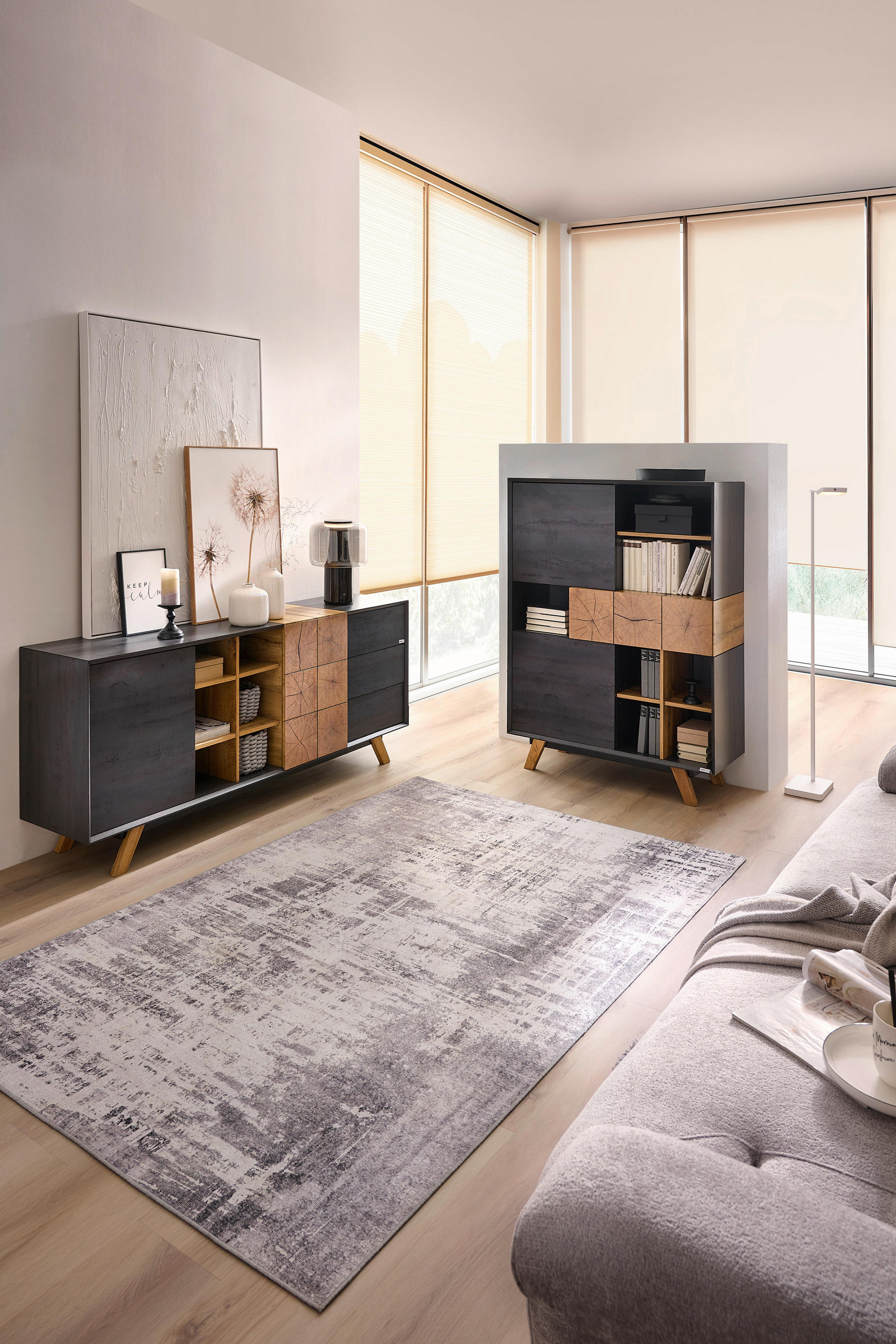 Thumbnail - Carryhome Sideboard, Eiche, Dunkelgrau, Holzwerkstoff, Eiche, massiv, 3 Fächer, 3 Schubladen, 180x75x40 cm, Beimöbel erh...