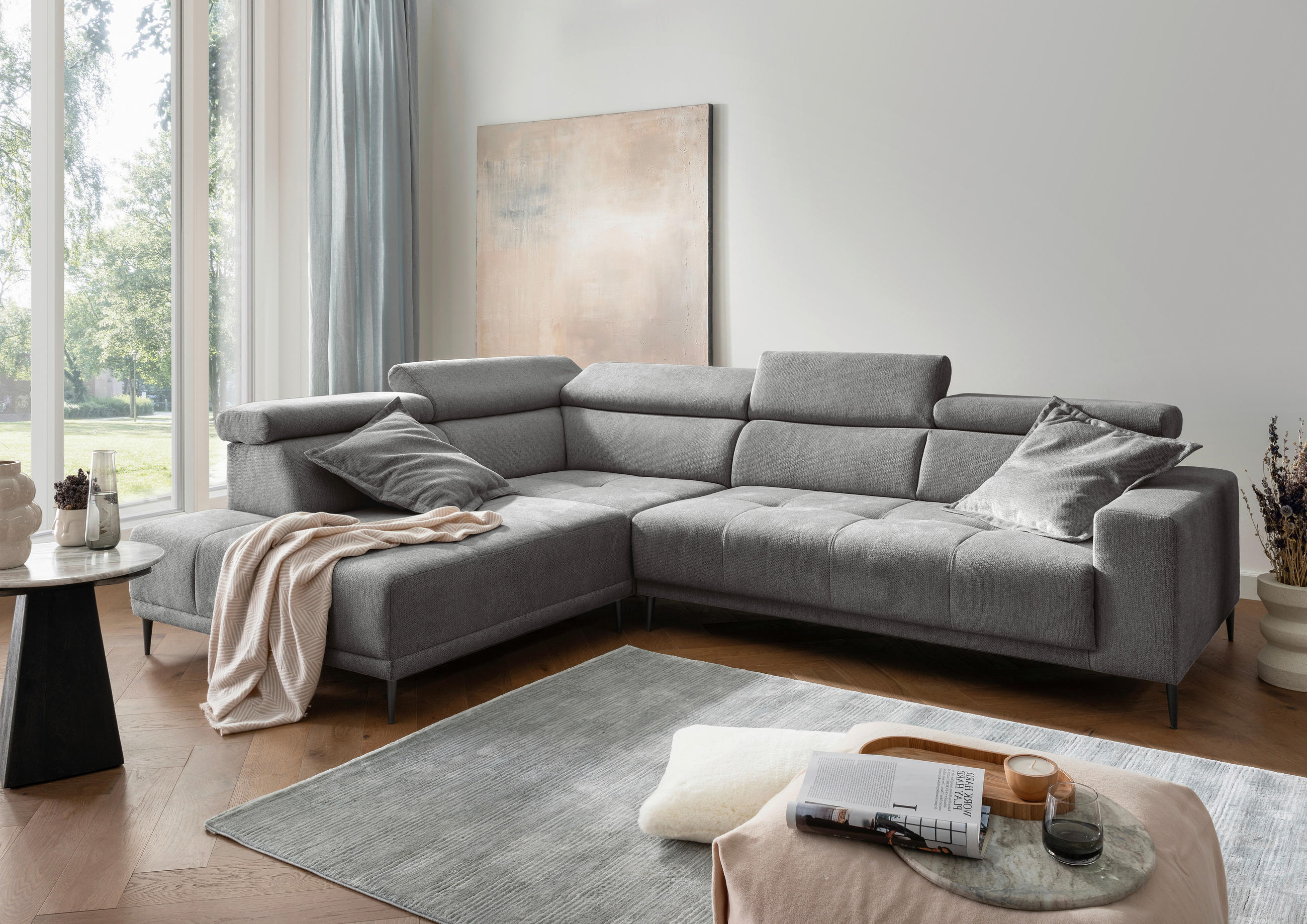 ECKSOFA INTERA Dunkelgrau Struktur Kopfteilverstellung, Sitzvorzug  - Dunkelgrau/Schwarz, KONVENTIONELL, Textil/Metall (225/305cm) - Livetastic